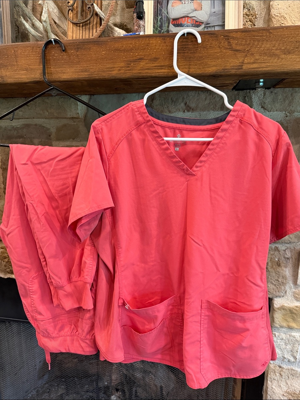 Coral Pink Medical Scrub Set - V-Neck Top & Drawstring Pants